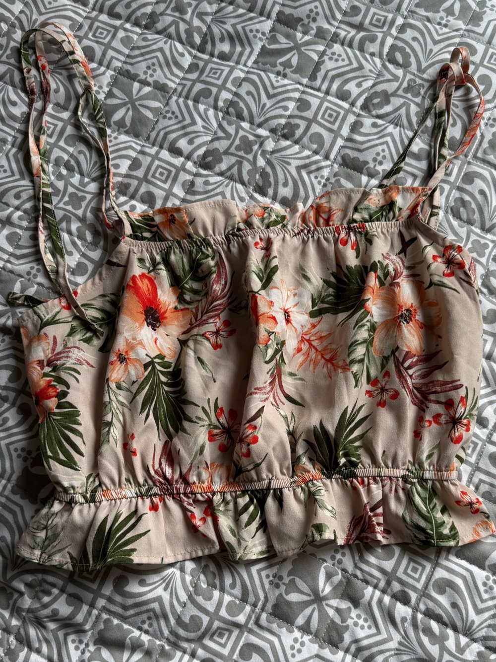 Floral Ruffled in Beige with Orange & Green Cropped